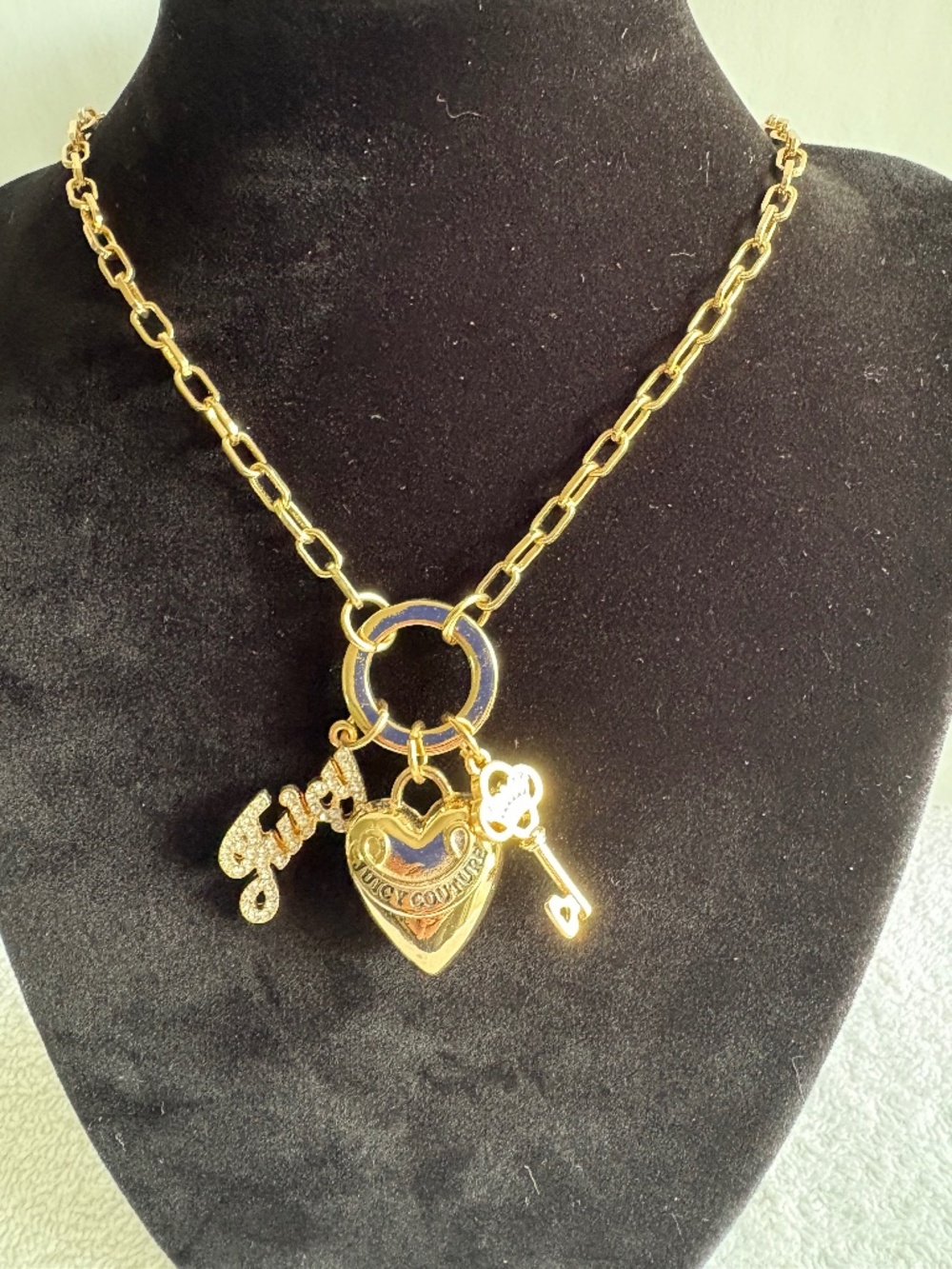 Vintage Juicy Couture Multi Charm Necklace Y2K Puffy Heart Rhinestone Crown Key